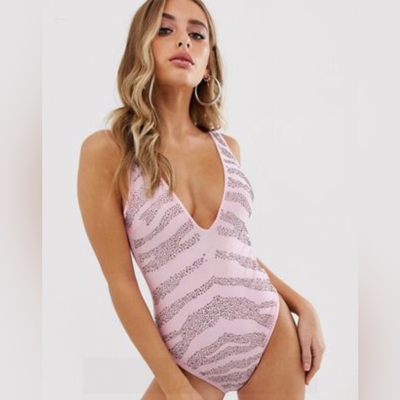 ASOS DESIGN Jeweled deep plunge swimsuit in Pink Size 6